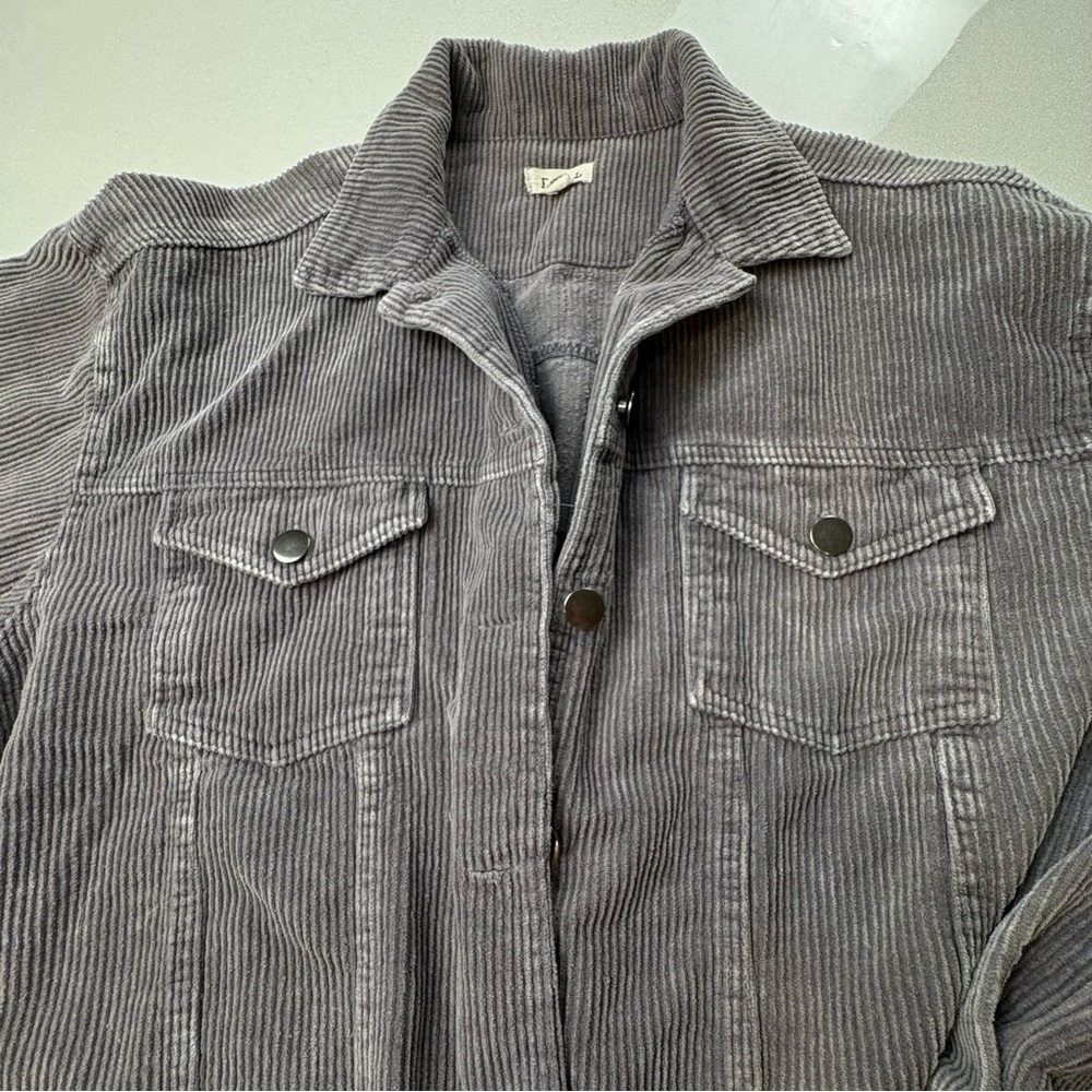 POL Heather Gray Corduroy Jacket Cropped Fringed Hem Oversized 100% Cotton - Picture 3 of 13